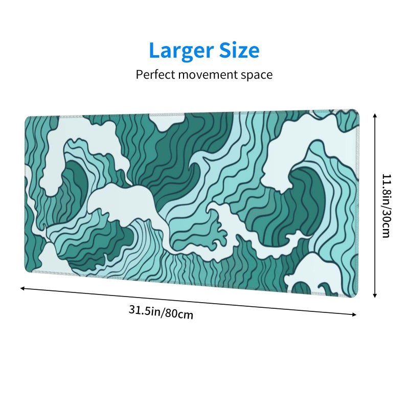 MOLIAN Japanese Green and White Wave Gaming Mouse Pad XL  Non Slip Rubber Base Mousepad  Stitched Edges Desk Pad  Extended Large Mice Pad 31.5 X 11.8 Inch - Image 3